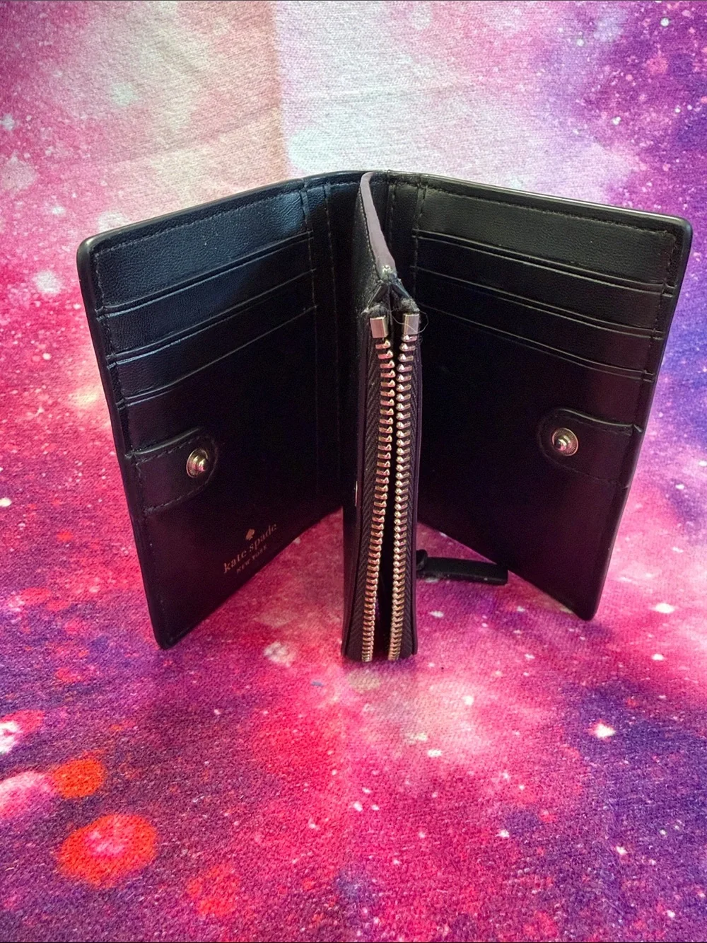 kate spade black Saffiano zip wallet with gold logo